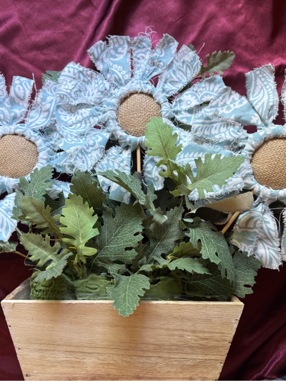 Blue Paisley Fabric Sunflower Arrangement in Wood Planter - Picture 5 of 11